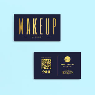 Makeup Künstler QR-Code und Logo Navy & Gold Visitenkarte