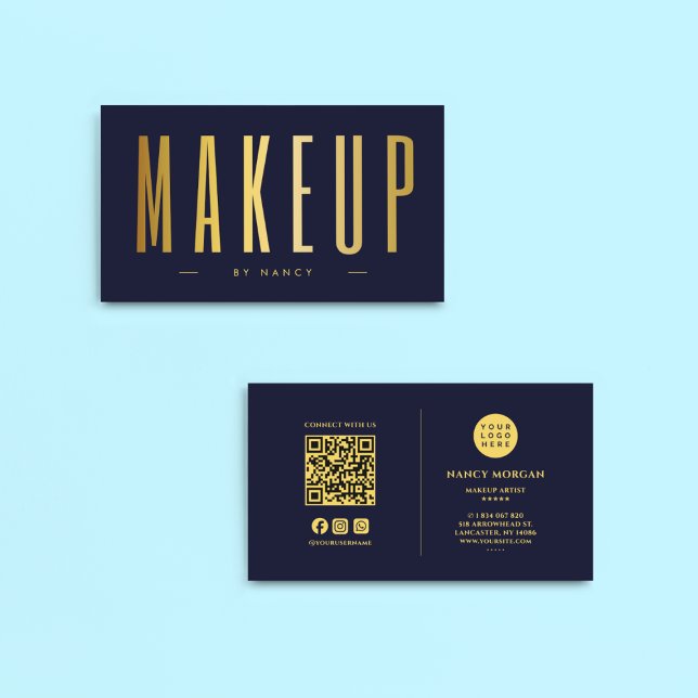 Makeup Künstler QR-Code und Logo Navy & Gold Visitenkarte (Von Creator hochgeladen)