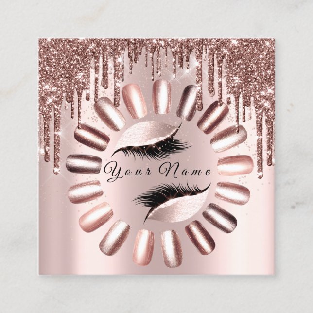 Makeup Lashes Glitzer Rose Nägel Maniküre Quadratische Visitenkarte (Vorderseite)