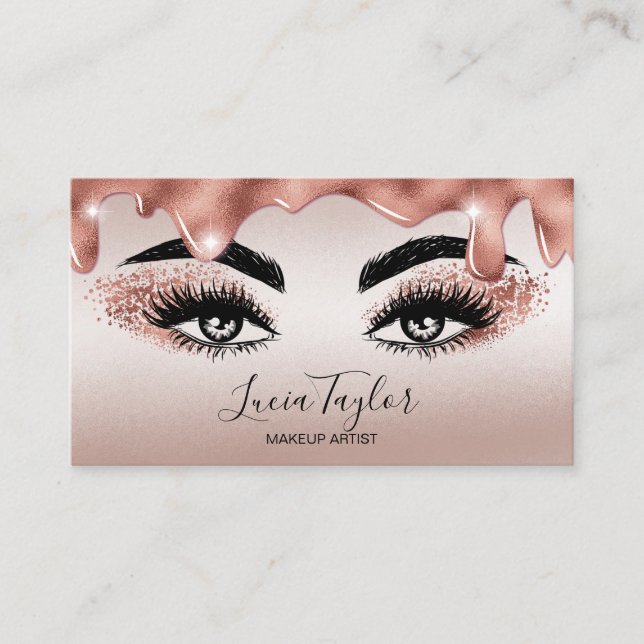 Makeup Lashes Rose Gold Glitzer Tropfen Visitenkarte (Vorderseite)