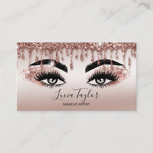 Makeup Lashes Rose Gold Glitzer Tropfen Visitenkarte (Vorderseite)