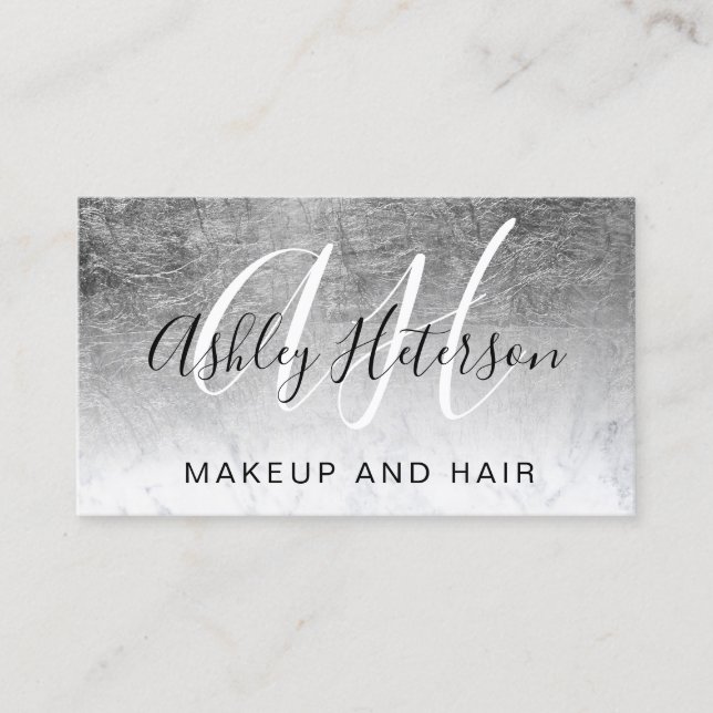 Makeup mit Monogramm Silber-Folie Marmorskript Visitenkarte (Vorderseite)