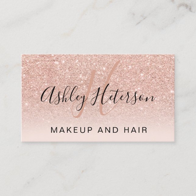 Makeup-Monogramm-Skript-Rose Gold-Glitzer-Schwarz Visitenkarte (Vorderseite)