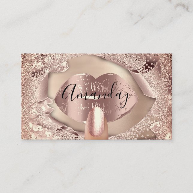Makeup Nails Rose Gold Kiss Lips Glitzer QRCode Visitenkarte (Vorderseite)