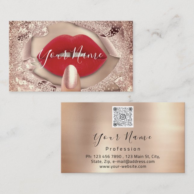 Makeup Nails Rose Kiss Red Lips QR-Logo Visitenkarte (Vorne/Hinten)
