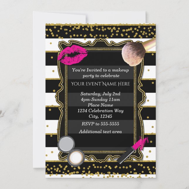 Makeup Party Gold Confetti & Streifen Glamour Einladung (Vorderseite)