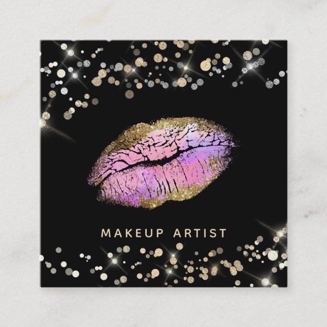 ~* Makeup Pastel Pink Lavendel Gold Glitzer Lippen Quadratische Visitenkarte (Vorderseite)