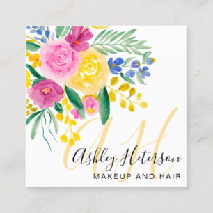 Makeup pink floral Aquarellschrift Monogramm Quadratische Visitenkarte
