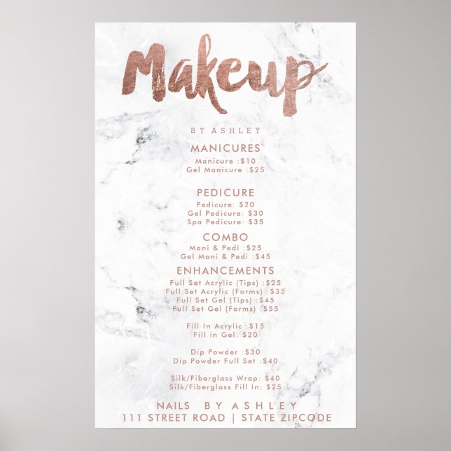 Makeup Preis Typografie Rose Gold Weißmarmor Poster (Vorne)