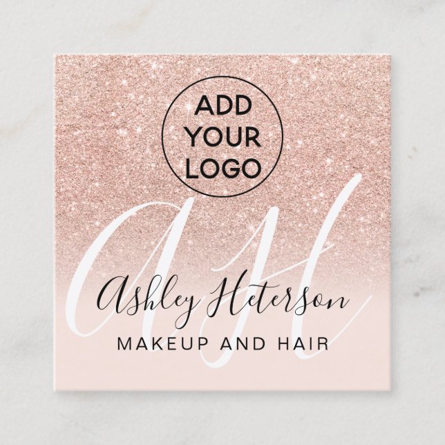 Makeup Rose Gold Glitzer Logo Monogramm Quadratische Visitenkarte (Vorderseite)