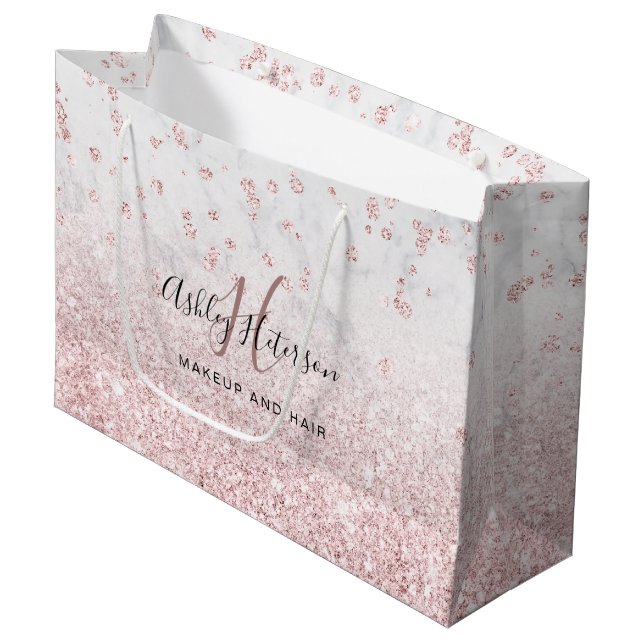 Makeup Rose Gold Glitzer Marmor Funkeln Konfetti Große Geschenktüte (Vorderseite Schrägansicht)
