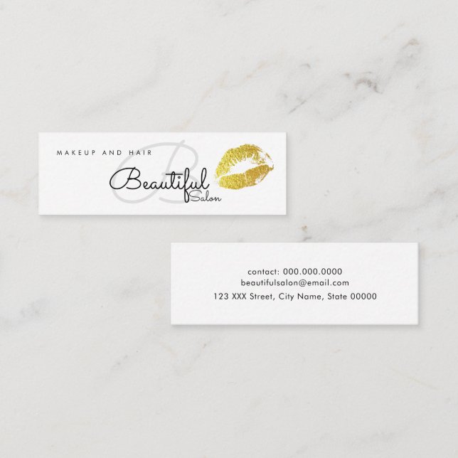 Makeup/Schönheitssalon-Monogramm mit Goldlippen Mini Visitenkarte (Vorne/Hinten)