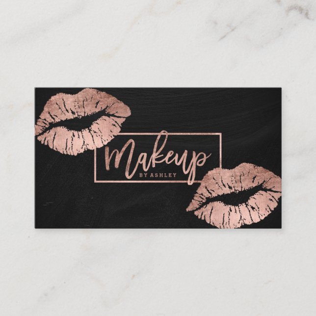 Makeup typografische Lippen Rose Gold Schwarze Taf Visitenkarte (Vorderseite)