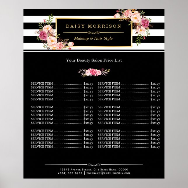 Makeuty Beauty Salon Gold Floral Streifen Preislis Poster (Vorne)