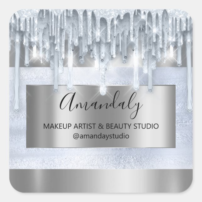 Makeuty Glitzer Silver Frame Boutique Blau Quadratischer Aufkleber (Vorderseite)