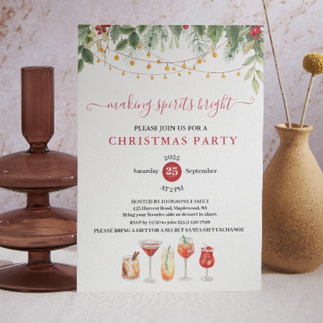 Making Spirits Bright Christmas Cocktail Party Einladung (Making Spirits Bright Christmas Cocktail Party Invitation botanic rustic holiday country farm style )