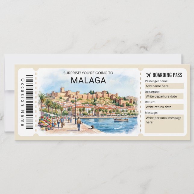 Malaga Spain Trip Boarding Pass Ticket Einladung (Vorderseite)