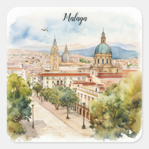 Malaga Spanien Architektur Wasserfarbe Quadratischer Aufkleber