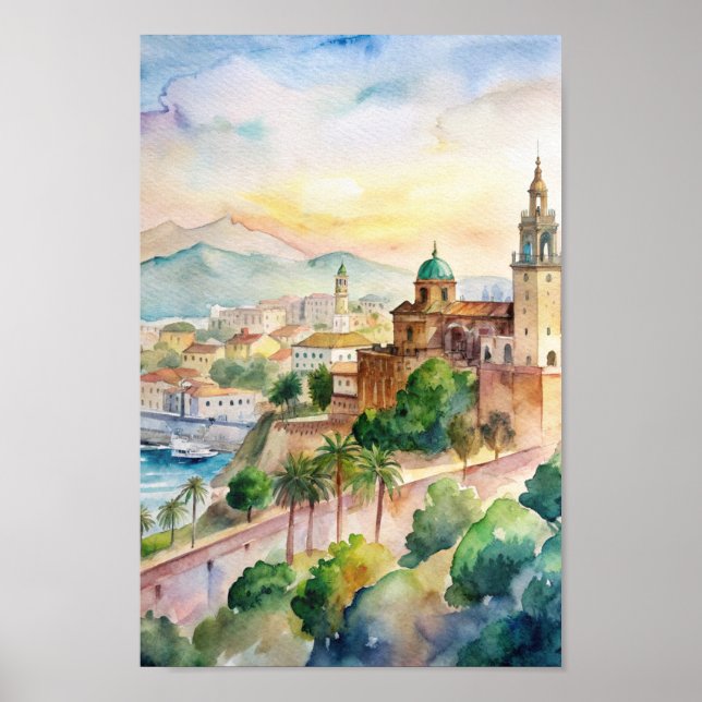 Malaga Spanien Stadtbild Wasserfarben Malerei Poster (Vorne)