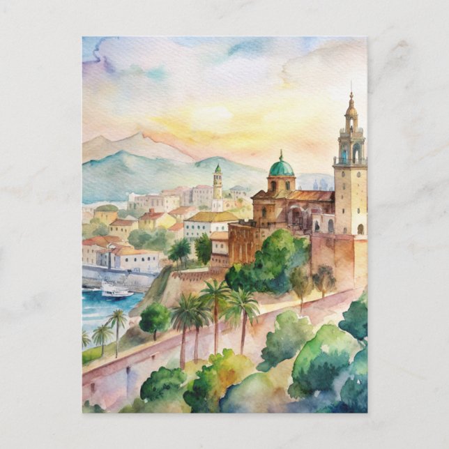 Malaga Spanien Stadtbild Wasserfarben Malerei Postkarte (Vorderseite)