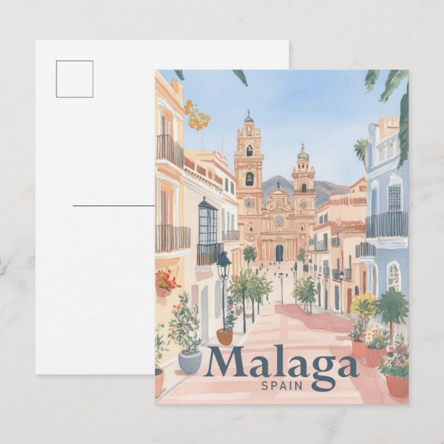 Malaga Spanien Wasserfarbenmalerei Postkarte (Vorne/Hinten)