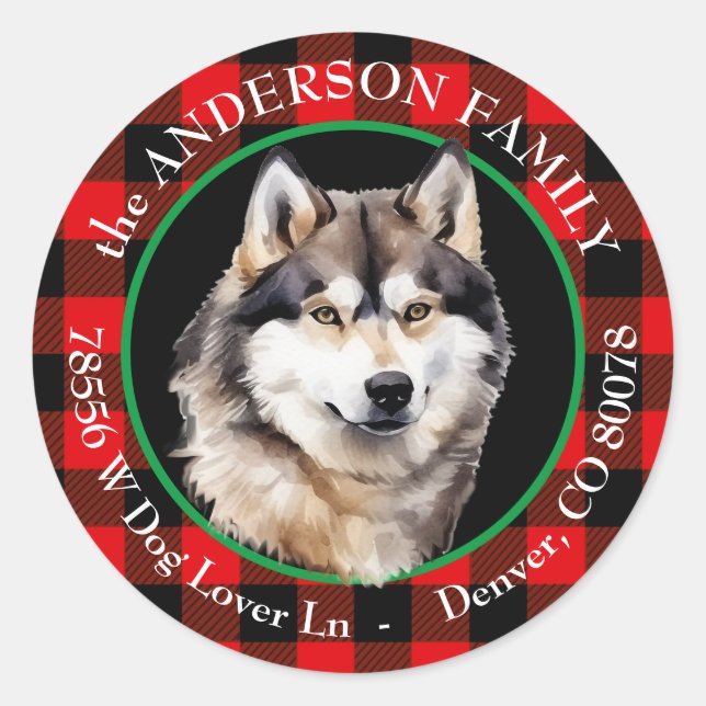 Malamute Dog Buffalo Karierte Rücksendeadresse Runder Aufkleber (Vorderseite)