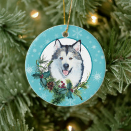 Malamute Evergreen Blue Snowflake Border Keramik Ornament
