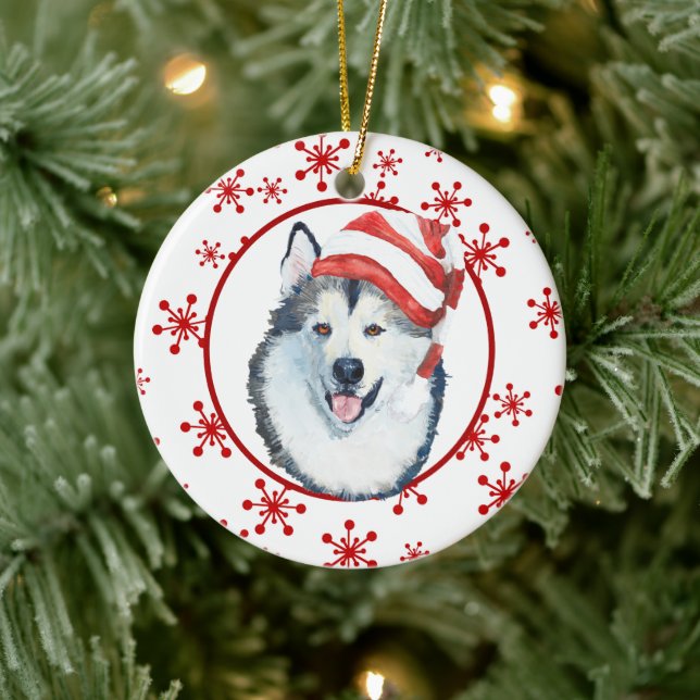 Malamute Santa Hat Snowflake Ornement en céramique (Arbre)