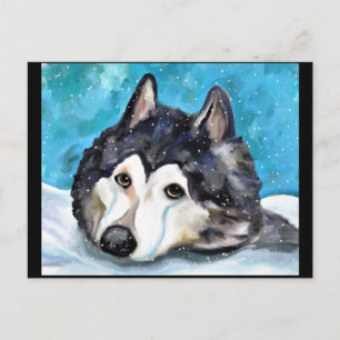 MALAMUTE SPIELT IM SCHNEE POSTKARTE