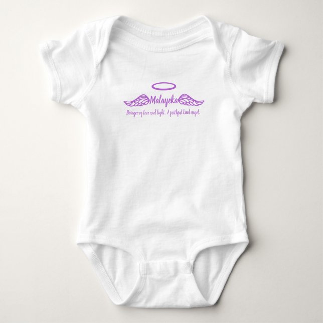 Malayeka Girls Name & Bedeutung Engel Flügel lila Baby Strampler (Vorderseite)