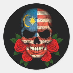 Malaysischer Flaggen-Schädel mit Roten Rosen Runder Aufkleber