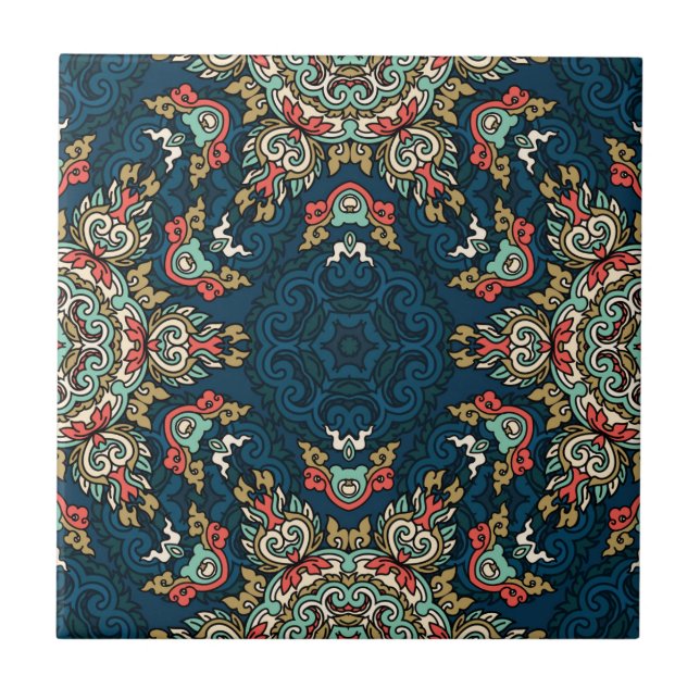Malaysischer Mosaik Blue Red Beige Abstrakt | Fliese (Vorderseite)