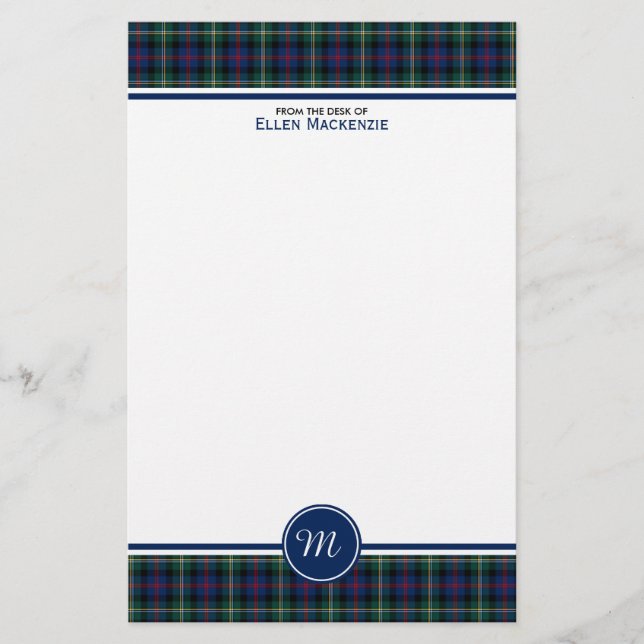Malcolm Clan Tartan Dark Blue Kariert Monogram Briefpapier (Vorderseite)