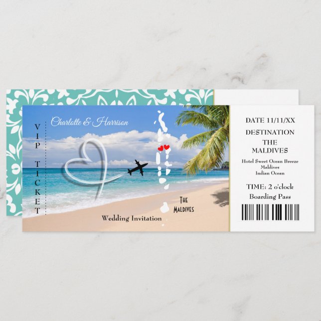 Maldives Ticket Boarding Pass Wedding Destination Einladung (Vorne/Hinten)
