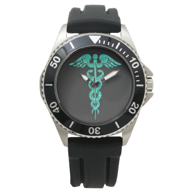 Male Nurse Black Turquoise Caduceus Watch Armbanduhr (Vorderseite)
