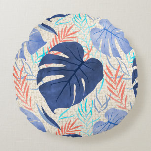 Maleah Monstera Tropical Hawaiian Watercolor- Blau Rundes Kissen