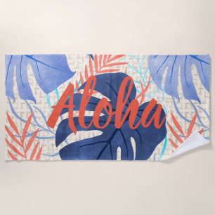 Maleah Monstera Tropical Hawaiian Watercolor- Blau Strandtuch