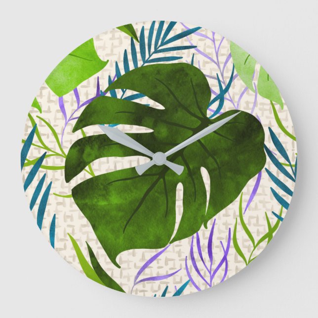 Maleah Monstera Tropical Hawaiian Watercolor-Green Große Wanduhr (Vorderseite)