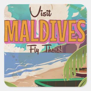 Malediven-Insel-Vintage-Reiseposter-Kunst. Quadratischer Aufkleber
