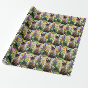 Malen der Siamesen Katzenfrühlingsblumen Geschenkpapier