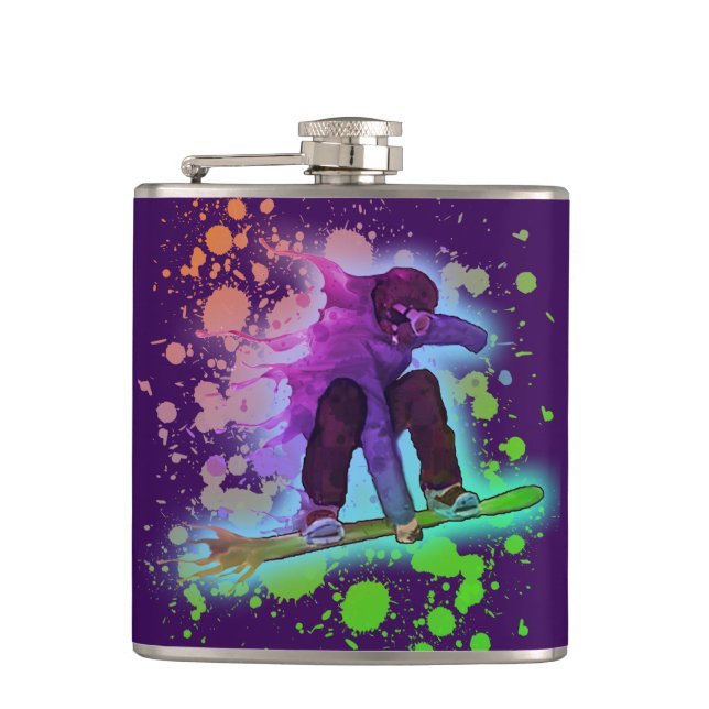 Malen Sie Spritzerregenbogen Snowboarderflasche Flachmann (Vorderseite)