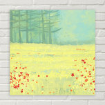Malerei auf Wiesen Leinwanddruck<br><div class="desc">Ein modernes Landschaftsbild mit einer friedlichen Blume, gefüllt mit einer Sommerwiese mit Vögeln, die gegen den Himmel fliegen und einem Kiefernwald in der Ferne. Frische und erfrischende gelbe und grüne Farben. Originelle Kunst von Nic Squirrell.</div>