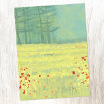 Malerei auf Wiesen Postkarte<br><div class="desc">Ein modernes Landschaftsbild mit einer friedlichen Blume, gefüllt mit einer Sommerwiese mit Vögeln, die gegen den Himmel fliegen und einem Kiefernwald in der Ferne. Frische und erfrischende gelbe und grüne Farben. Originelle Kunst von Nic Squirrell.</div>