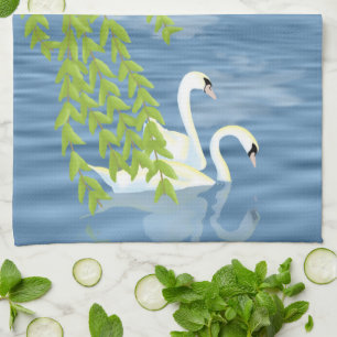 Malerei Blau und Grün Paar Schwäne auf dem See Geschirrtuch
