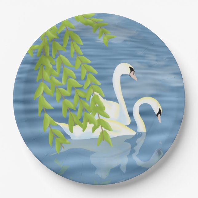 Malerei Blau und Grün Paar Schwäne auf dem See Pappteller (Vorderseite)