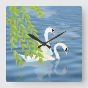 Malerei Blau und Grün Paar Schwäne auf dem See Quadratische Wanduhr