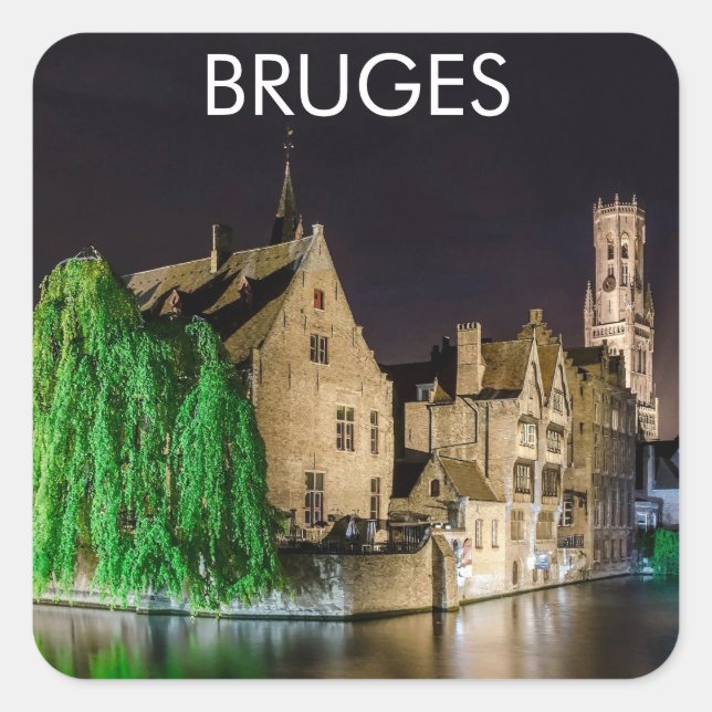 Malerei der Brügger Altstadt und des Belfry-Turms Quadratischer Aufkleber (Vorderseite)