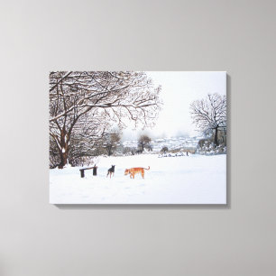 Malerei der Schneeszenenlandschaft mit Hunden Leinwanddruck