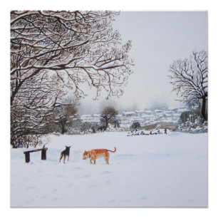 Malerei der Schneeszenenlandschaft mit Hunden Poster