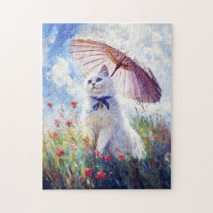 Malerei der weißen Katze mit Parasol im Mohnfeld